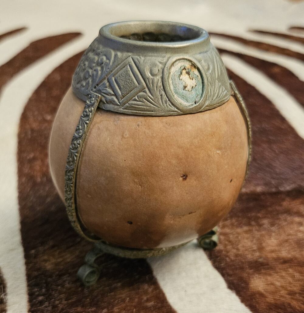 Vintage Yerba Mate Calabash Gourd Cup with Stamped Alpaca Silver Trim